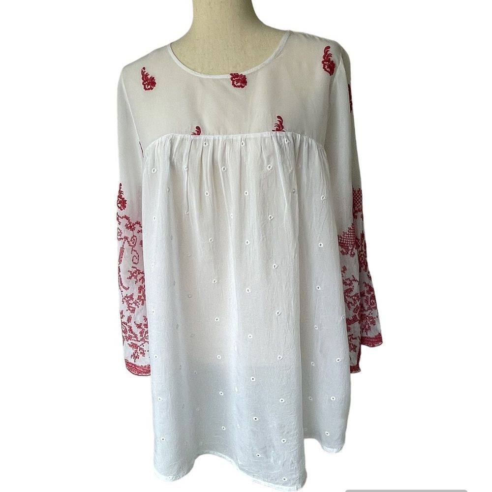 White Boho Peasant Top with Red Embroidery